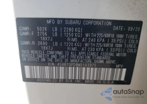 2021 Subaru Outback Touring from USA, damaged, VIN 4S4BTGPD8M3103975